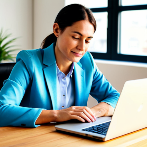 Home 25 A professional female content creator, mid-30s, with a warm and thoughtful expression, sitting at a natural wood desk in a bright, minimalist home office. She is wearing a modest yet stylish blazer over a collared shirt, fully clothed, appropriate attire. Her well-formed hands are gently resting on a sleek laptop keyboard, as if in contemplation or just finished typing, showing perfect anatomy and correct proportions. A cup of coffee and a small plant are on the desk, adding a touch of warmth. The background is softly blurred, indicating a cozy, professional environment. Natural pose, natural body proportions, safe for work, appropriate content, professional, family-friendly, high-quality, studio lighting.