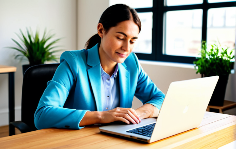 A professional female content creator, mid-30s, with a warm and thoughtful expression, sitting at a natural wood desk in a bright, minimalist home office. She is wearing a modest yet stylish blazer over a collared shirt, fully clothed, appropriate attire. Her well-formed hands are gently resting on a sleek laptop keyboard, as if in contemplation or just finished typing, showing perfect anatomy and correct proportions. A cup of coffee and a small plant are on the desk, adding a touch of warmth. The background is softly blurred, indicating a cozy, professional environment. Natural pose, natural body proportions, safe for work, appropriate content, professional, family-friendly, high-quality, studio lighting.